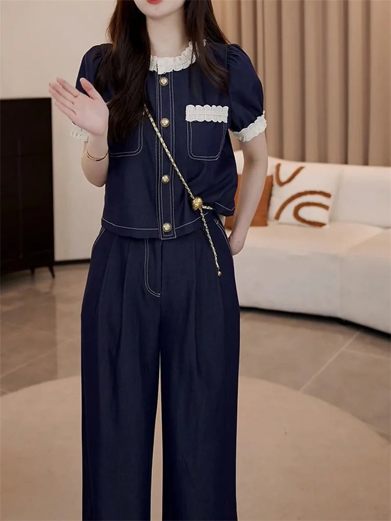 Spring Summer Ladies Short Sleeve Pants 2PCS 2026 Female Tops Pantalons Two-piece Suit Korean Women Fashion Round Neck Trousers