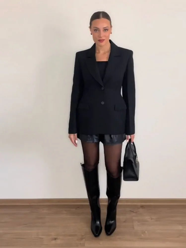 Elegant Shoulder Pad Slim Suit Jackets Women Solid Lapel Long Sleeved Jacket Female 2025 Spring Chic Daily Style Outwears Tops