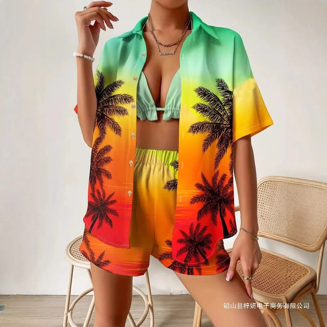 Women Summer Fashion Shorts Sets Retro Print Sleeve Shirt Shorts Suit New Casual Loose Female Beach Vacation Shorts 2 Piece Set