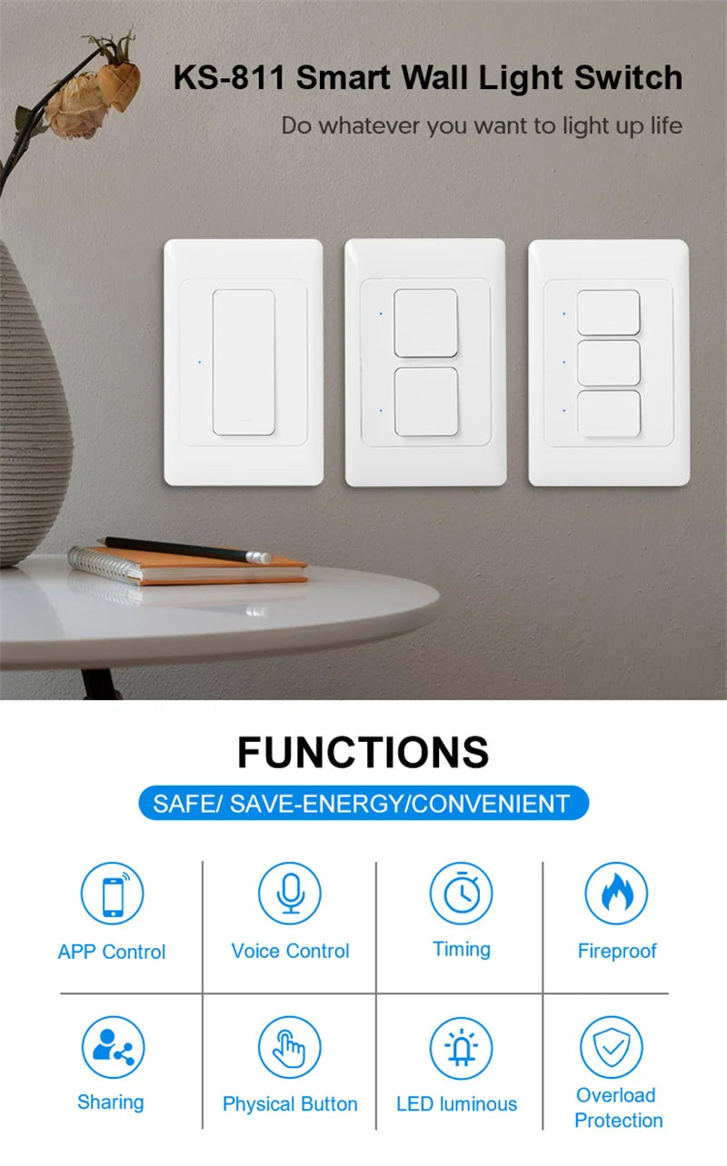 Tuya WiFi Light Switch Smart Wall Push Button Switches No Neutral Required 110-240V 1/2/3 Gang Physical Lamp Switch APP Voice