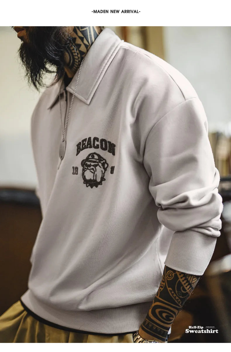 Maden Vintage Men's Long Sleeve Embroidered Sweatshirt with Letters Half-open Front Casual Hoodie Turned-up Collar for Spring
