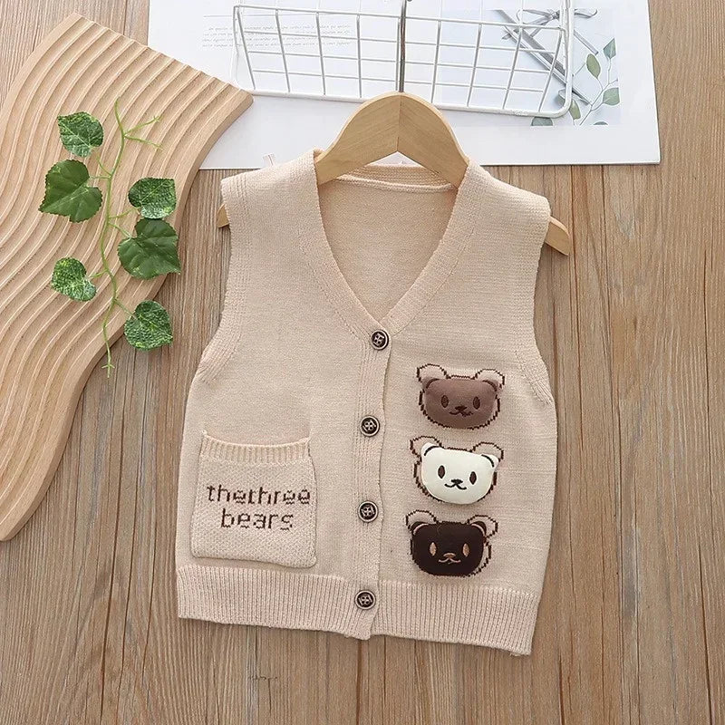 Spring Autumn New Outdoor Kids Knitted Vest Boys Girls Baby Solid Color Sweater Waistcoats Warm Soft V-neck Infant Vest Cardigan