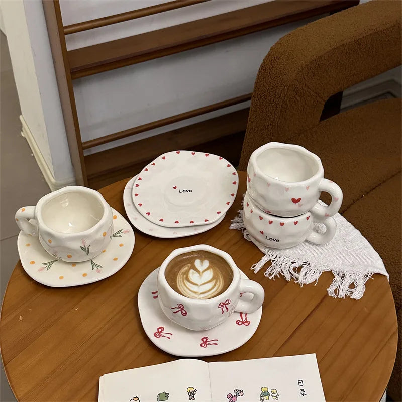 ins style retro flower ceramic cups and saucers, hand-squeezed irregular coffee cups and saucers, afternoon tea cups and saucers