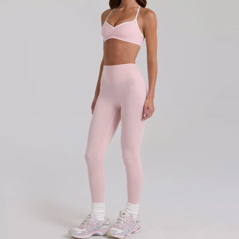 Women 2 Piece Yoga Set Ruched Front T Back Sports Bra High Waist Leggings Soft Stretchy Nude Fabric Gym Running Workout Outfit