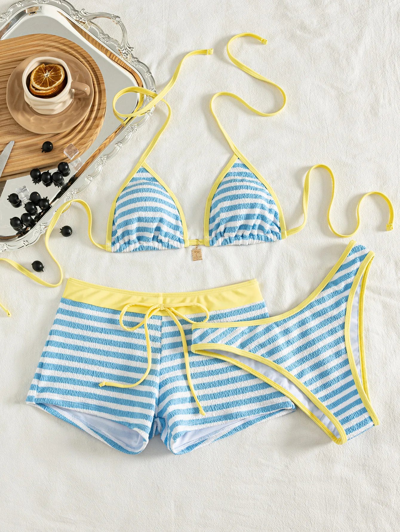 Women 3 Piece Striped Bikini Set Halter Triangle Top High Cut Thong Drawstring Shorts Summer Beach Swimwear Bathing Suit