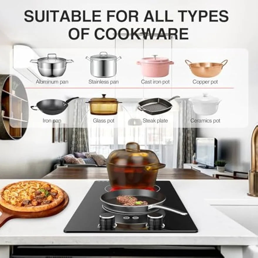 Electric Cooktop 2 Burners Knob Control Countertop Built-in Ceramic Cooktop