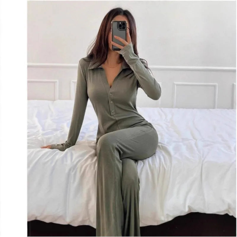 Solid Color Jumpsuits For Woman Slim Jumpsuit Simple Style All-match Long Sleeves Comfortable Homewear Home Clothing Commuting