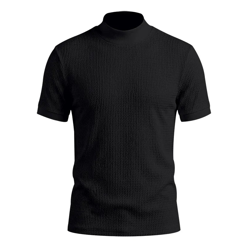 Men Summer Solid Jacquard Textured Mock Neck Short Sleeve T Shirt Slim Fit Simple Versatile Casual Daily Male Basic Tees