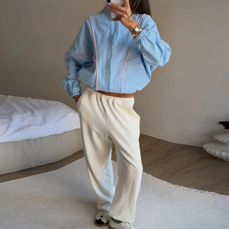 Polka Dot Cropped Windbreaker Jacket, Contrast Pink Seam Piping Side Pockets Loose Outerwear 2026 Autumn Street Daily Lady Coat