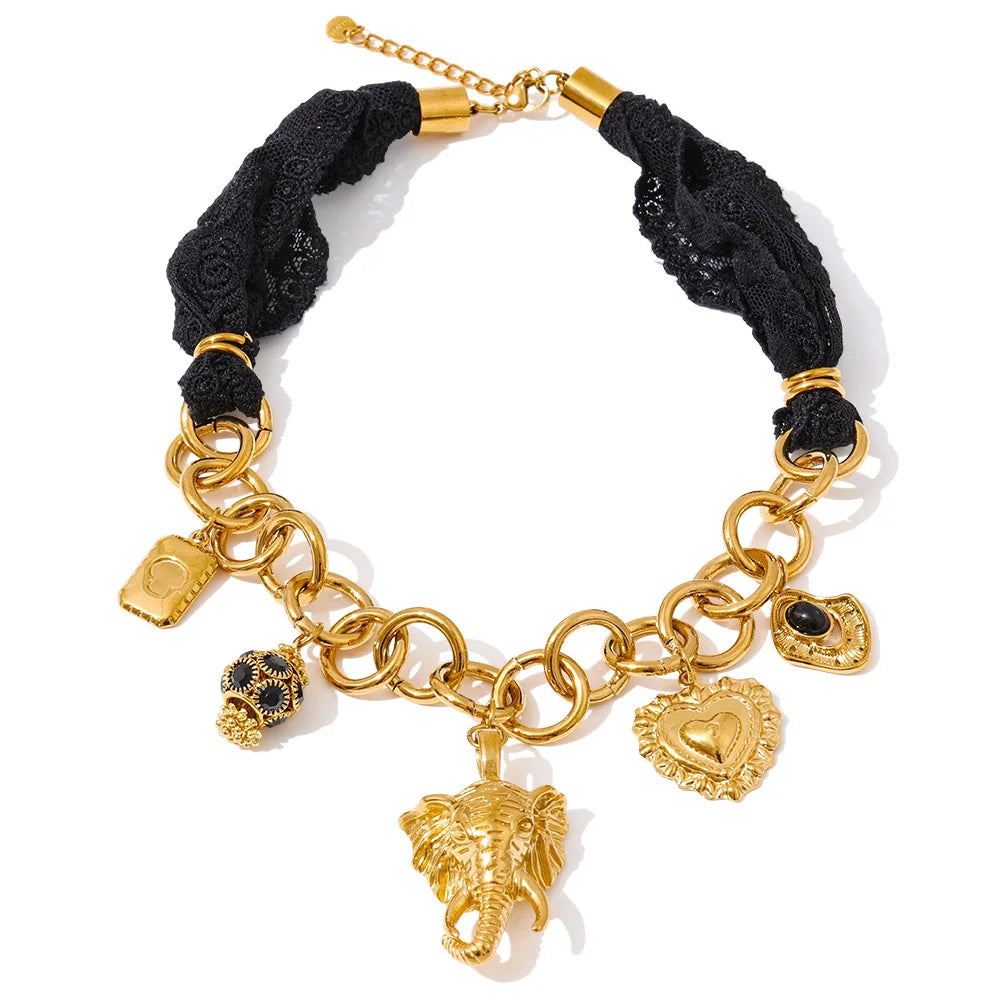 Yhpup 2025 Black Lace Chain Heart Elephant Pendant Statement Necklace 18K Golden Plated Stainless Steel Charms Handmade Jewelry