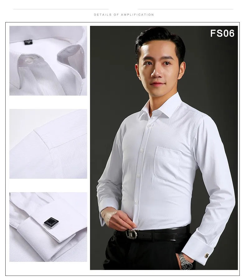 2025 Classic Regular Fit White French Cufflinks Men's Business Dress Long Sleeve Shirt Lapel Men Social Shirt