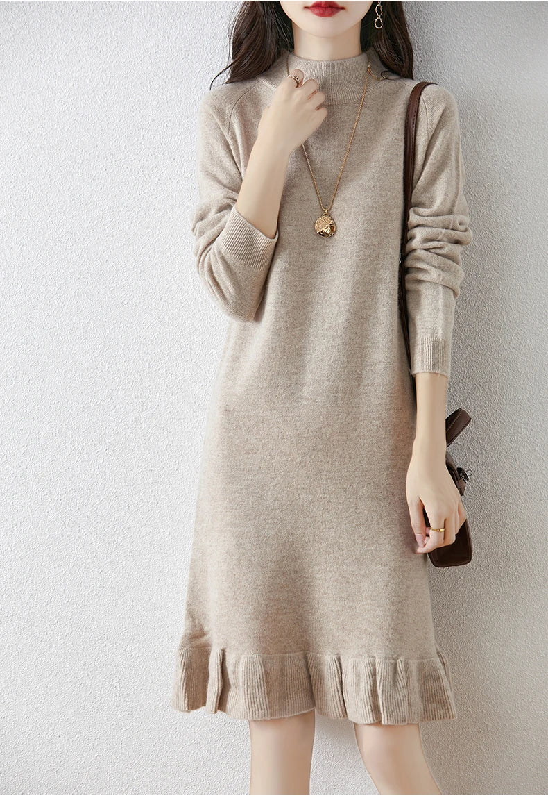 Women's Pure Wool Knitted Dress, High Collar, Pleated, Casual, Fashionable, Warm, 2024 Autumn And Winter