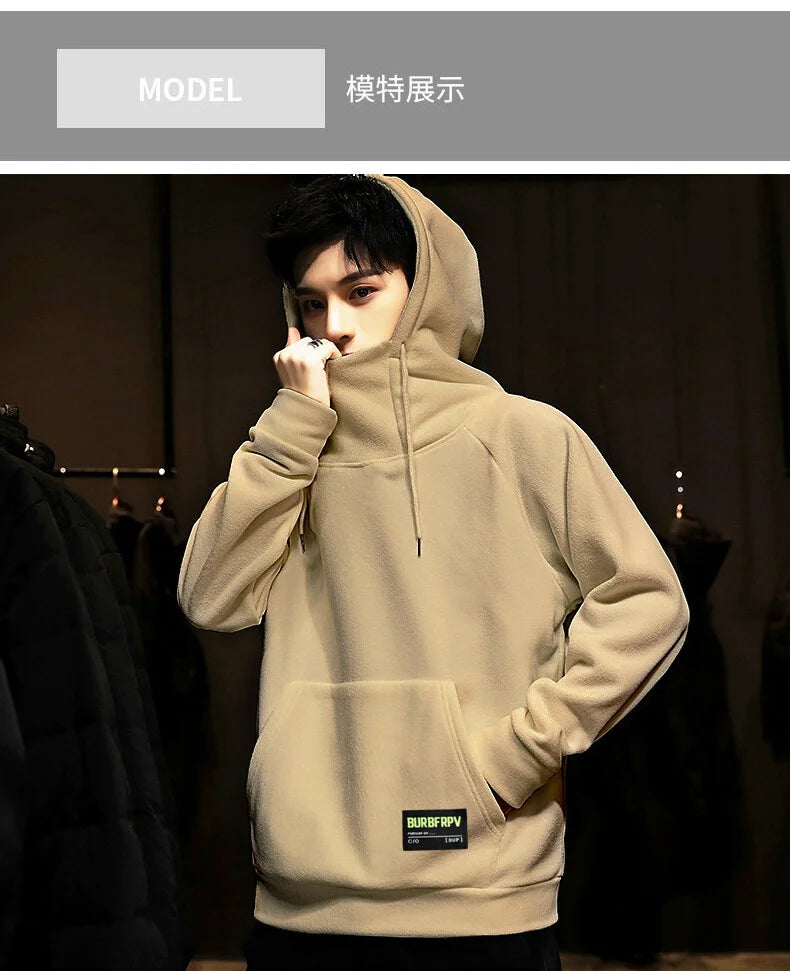 Men's Polar Fleece Sweatshirt Solid Color Street Style Autumn Winter Men Hood Sports Windproof Oversized High Collar Hoodie 5XL