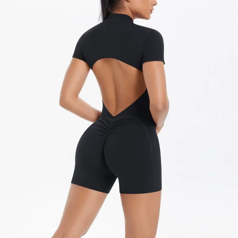 Women's Seamless Yoga Jumpsuits Sports Fitness Zipper Open Back Breathable One-Piece Bodysuits for Gym Running Fitness Workout