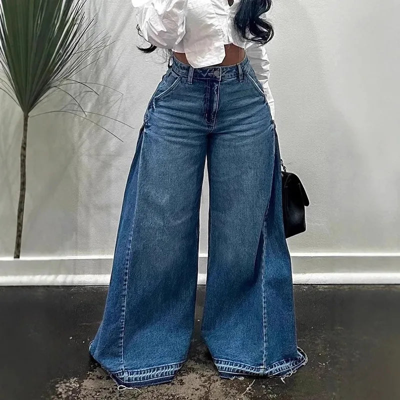 QICHE European American Women Y2K Blue Washed Patchwork Flare Jeans Loose Tassel Floor-Length Wide Leg Denim Pants