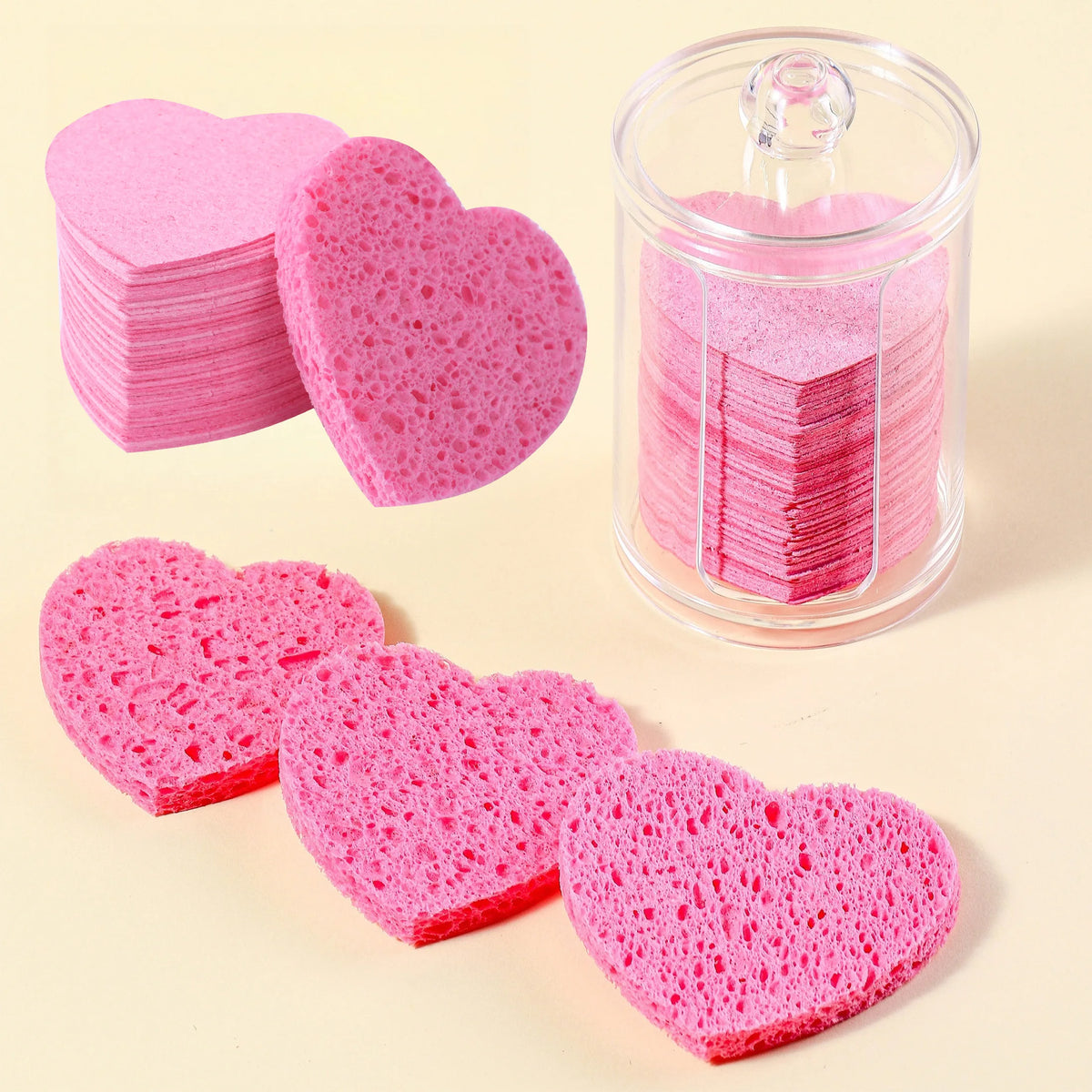 Facial sponge with container, heart-shaped compressed facial sponge natural cleaning pad for washing face, exfoliating, and make