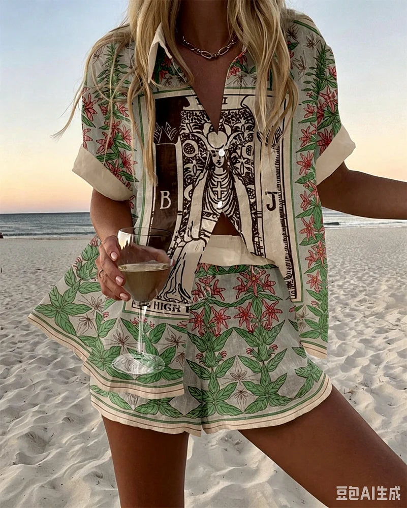 Holiday Summer Vacation Shorts Set 3D Printed Seaside Tropical Casual Lapel Shirt Blouse Top Shorts 2-Piece Suits Beach Clothes