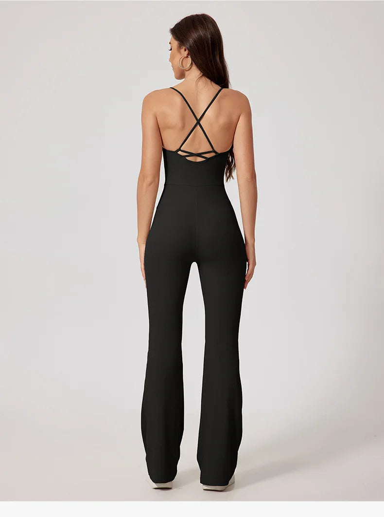 Women Thread Yoga Jumpsuit Sleeveless Gym Tracksuits Flared Overalls Workout Bodysuits Sportswear Female Sports One-Piece Outfit
