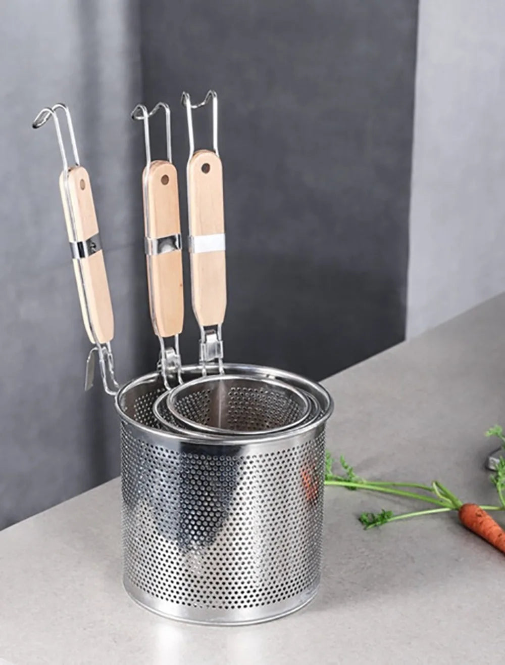 Durable Thickened Stainless Steel Funnel Kitchen Gadgets Wooden Handle Pasta Basket Strainer Multifunctional Noodle Funnel