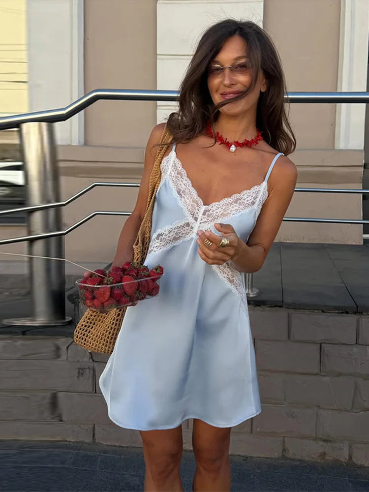 Lace Patchwork Pleated Slip Long Dress Women Sexy Spaghetti Strap Sleeveless Backless Loose Evening Dresses Chic Ladies Vestidos