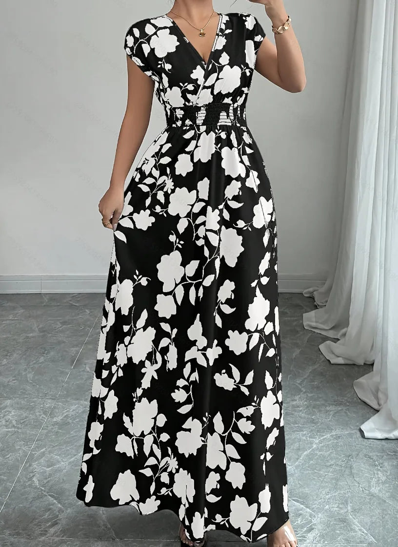 2026 Women's New Fashion Casual Daily Comfortable Elegant Lace-up Floral Print V-neck Short Sleeve Waist Women's Long Dress