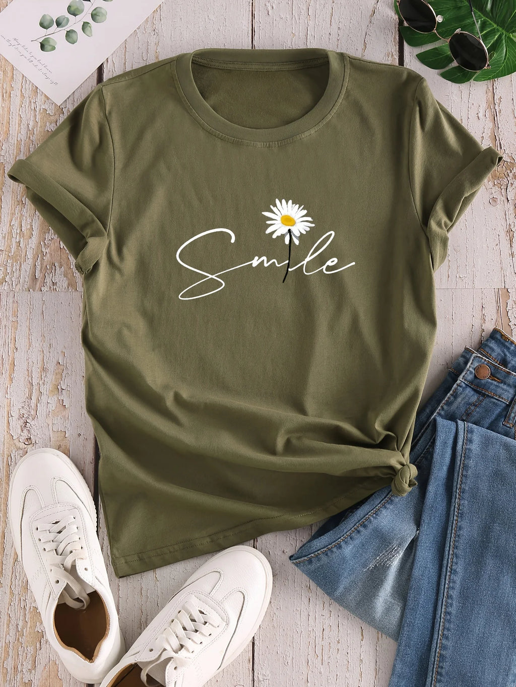 Flower & Letter Print Crew Neck T-Shirt, Casual Short Sleeve T-Shirt For Spring & Summer, Women's Clothing