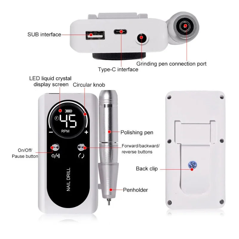 For Manicure Salon Tool Professional 45000RPM Electric Portable Nail Drill Machine Rechargeable Low Noise Nail Sander File