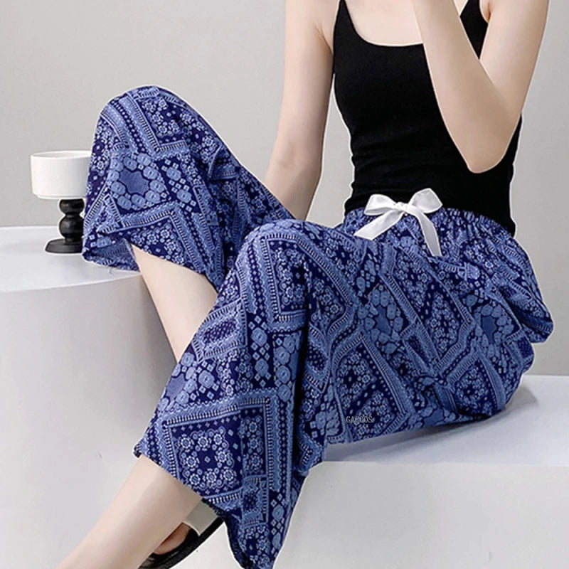 2025 Summer Sleeping Pants Women Thin Bottoms Spring Large Size Home Wear Pants Pajamas Flower Print Loose Cute Beach Trousers