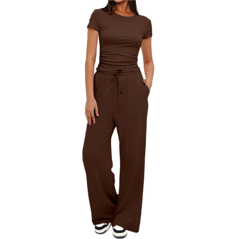 Women's Summer Solid Loose Casual Tracksuit Two Piece Set O Neck Short Sleeve T Shirt Wide Leg Pants Sportswear