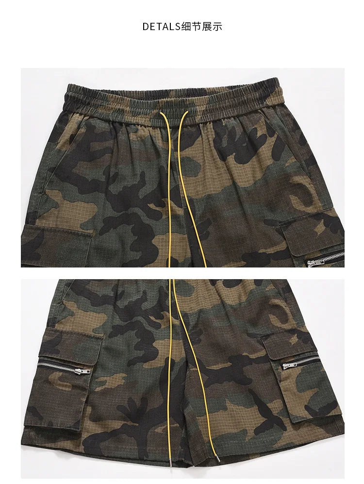 High Street Washing Trend Camouflage Tooling Shorts Men's Retro Casual Loose Summer Drawstring Versatile Trend Five-Point Pants