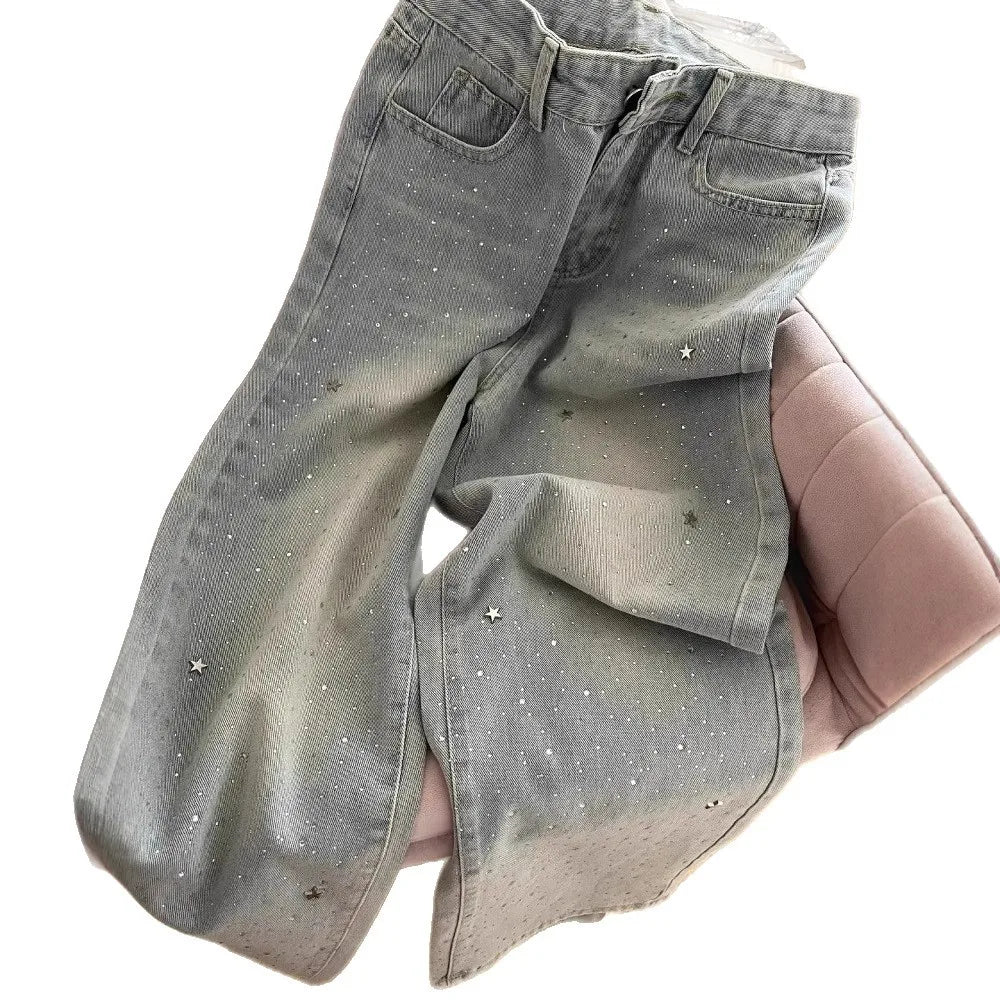 Four Seasons New Fashion Women's Light Blue Wide Leg High Waist Loose Casual Trendy Jeans Female Diamond Studded Denim Trousers