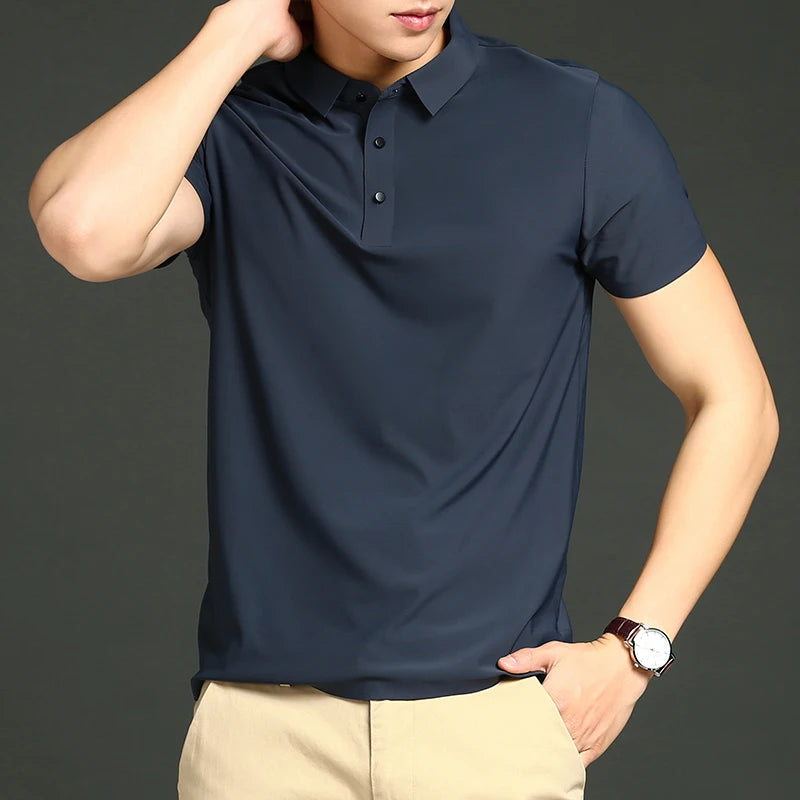 Golf Solid Ice Silk Traceless Silk Loose Polo Shirt Short Sleeve T-shirt Men's Elastic Ironless Thin Polo Neck Light Luxury