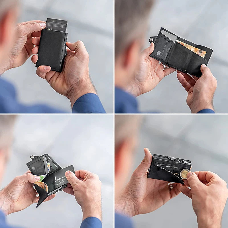Pop-Up Credit Card Case with RFID Protection Genuine Leather  Wallet with Compartment for Notes and Coins for Men and Women