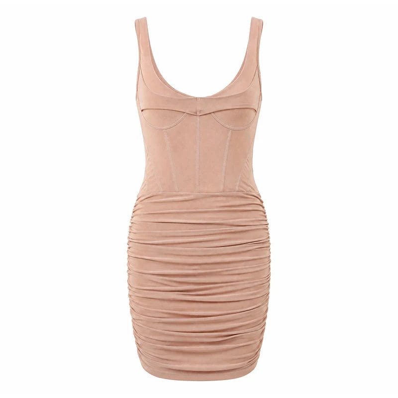 Fashion Slim Fishbone Dress Women Elegant Solid V-neck Sleeveless Pleated Bodycon Mini Dresses 2026 Summer Lady Party Gown