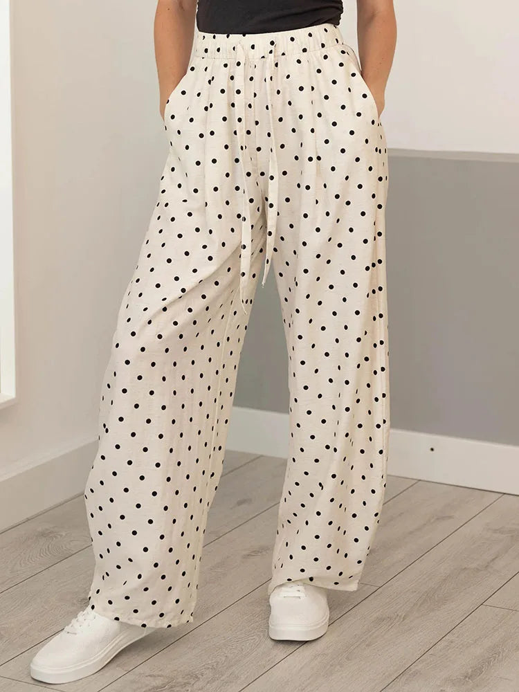 Polka Dot Cotton Linen Pants White Women Wide Leg Summer Spring Baggy Trousers For Woman High  Waist Linen Loose Pants Women