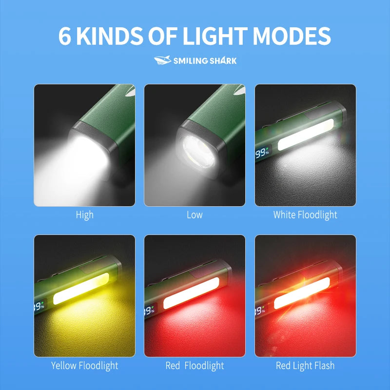 SMILING SHARK Magnetic Work Light 6‑Mode LED Flashlight with COB Sidelight Clip‑on Design for Outdoor Lighting GZ5112