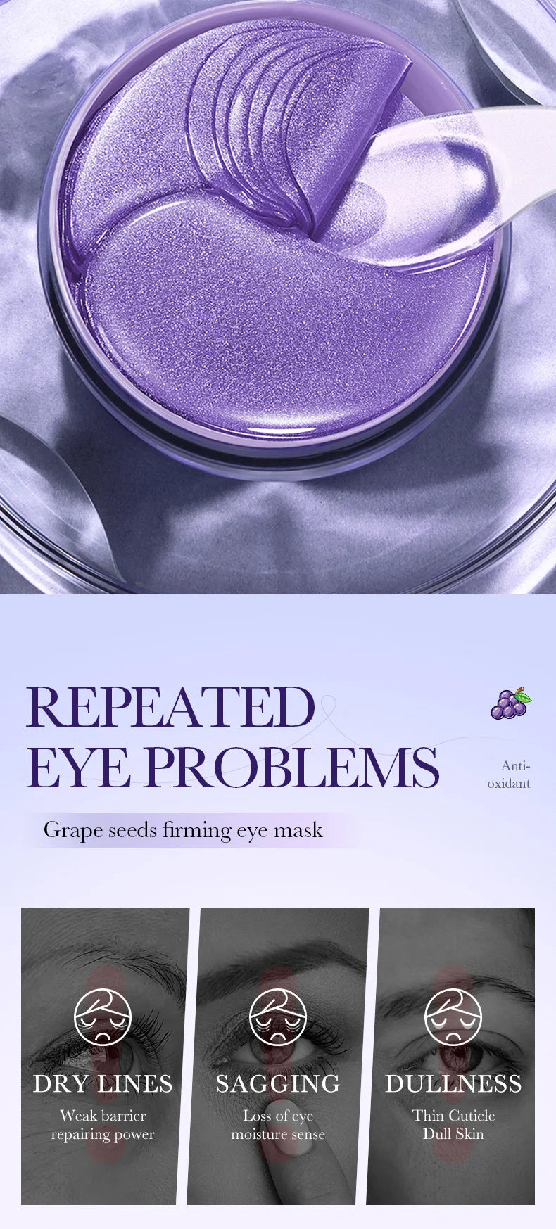 SADOER Grape Eye Mask Anti Wrinkle Dark Circles Removal Eyes Bags Moisturizing Eye Patches Eyes Skin Care 60pcs