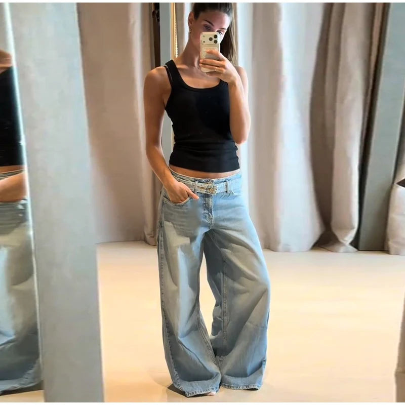 2026 Spring Low Waist Pleated Wide Leg Jeans Light Wash Raw Edge Double Waistband Casual Women Pants Trendy Y2K Lady Trousers