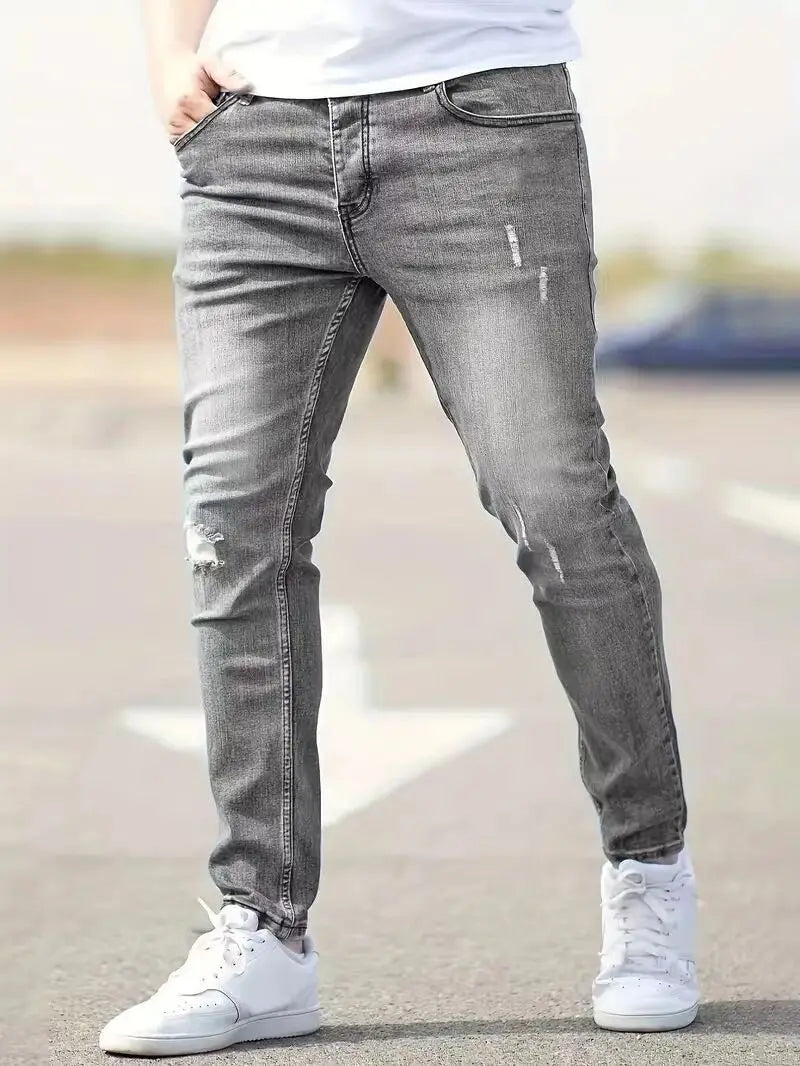 2026 New Fashion Men's Skinny Ripped Jeans Mid Waist Stretch Denim Pants Male's Slim Trousers with Pocket Casual Soft Streetwear