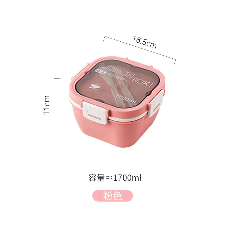 Double Stackable Lunch Box, 50 oz. Large Salad Bowl, 4 Compartment Tray, 3 oz. Sauce Container, Built-In Reusable Fork & Spoon
