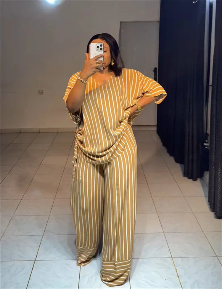 Pant Set Women Two Piece Sets V Neck Short Sleeve Drawstring Shirt Striped Wide Leg Long Pants Elastic Waist Y2k Streetwear 2026