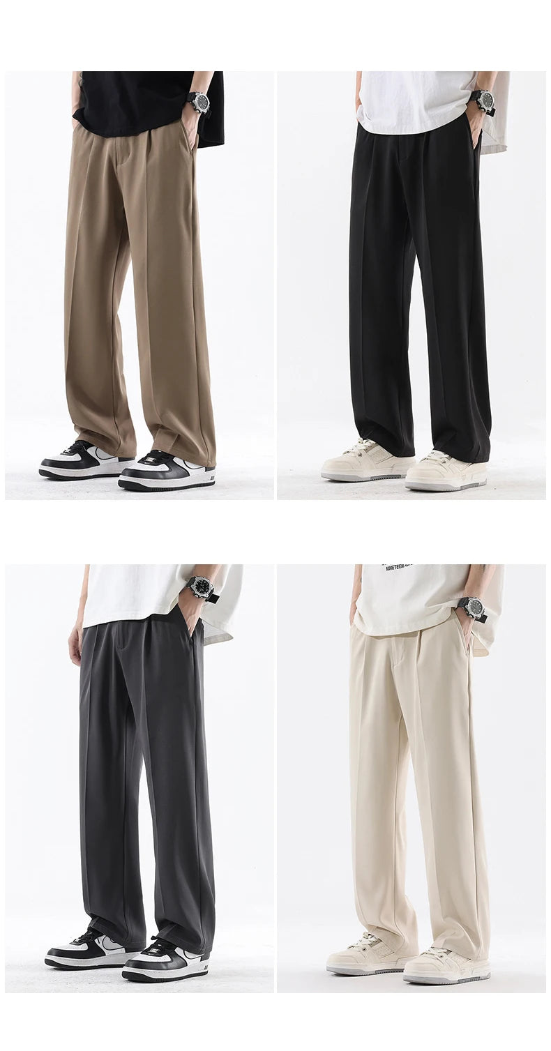 Spring Summer Smooth Casual Pants Men Business Elastic Waist Black Grey Khaki Suit Trousers Male Work Office Plus Size S-5XL