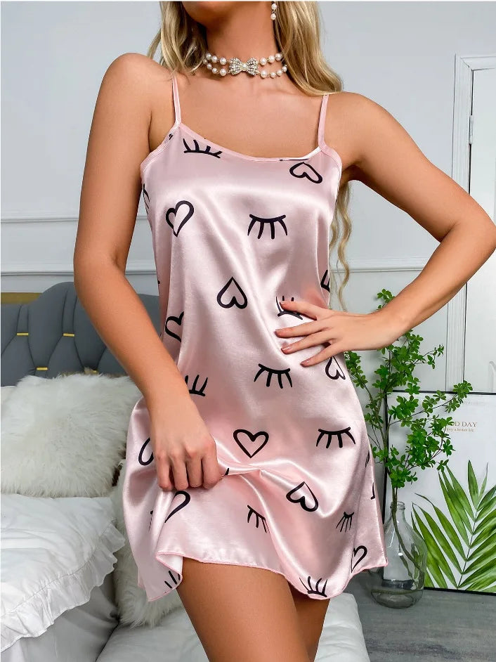 Sleepwear Women's Sexy Lingerie Heart Print Nightdress Scoop Neck Criss Cross Back Sleepdress Nightgowns Pajamas Nighties
