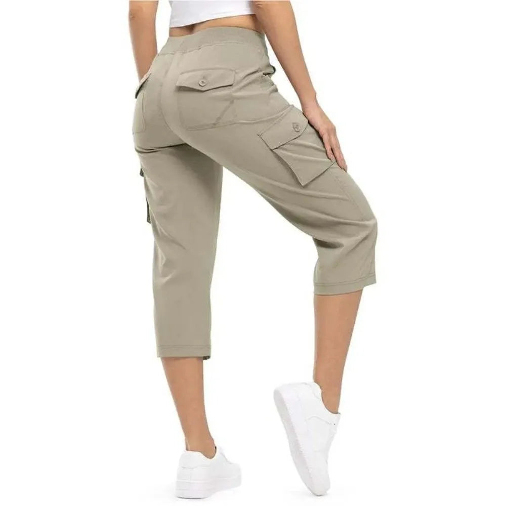 Quick Dry Fabric Women’s Hiking Pants Lightweight Feel Elastic Waistband Capri Pants Multiple Pockets Cropped Length Cargo Pants