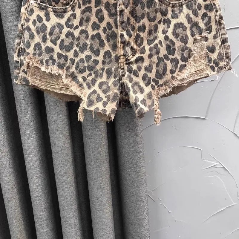 Personalized Leopard Print High Waist Denim Shorts Women's Summer Fashion A Word Rough Edge Wide Leg Jeans Hot Pants