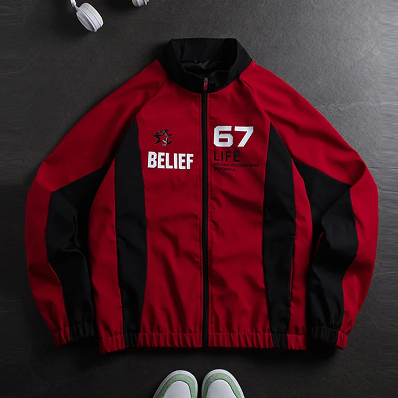 Jacket Man American Street Retro Color Block Stand Collar Jacket Zip Up Loose Trendy Letter Print Fashion Casual Streetwear Coat