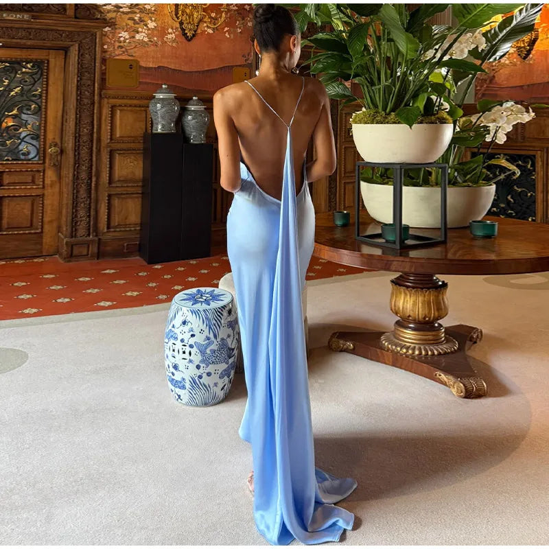 Backless Women Dress Satin Spaghetti Strap Maxi Dresses Back Tail Cowl Drape Front Neck Side Split Hem Elegant Evening Bodycon