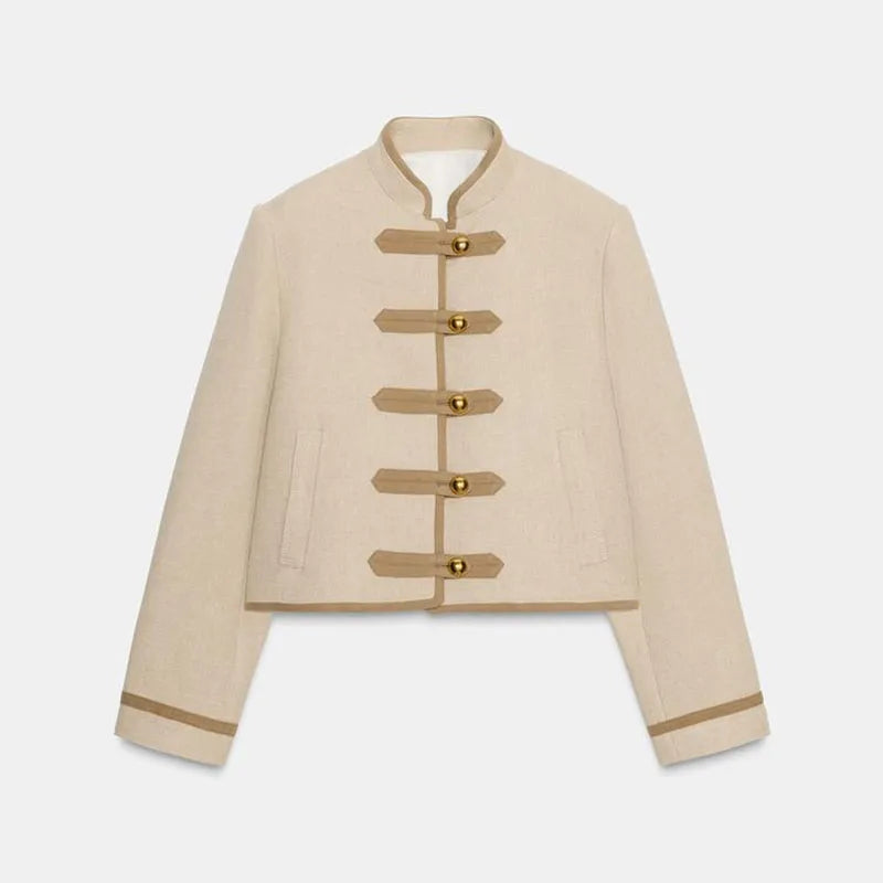 Fashion Black Court Style Cropped Jacket For Women Elegant O-neck Long Sleeve Double Breasted Coat Lady 2026 Spring Chic Outwear