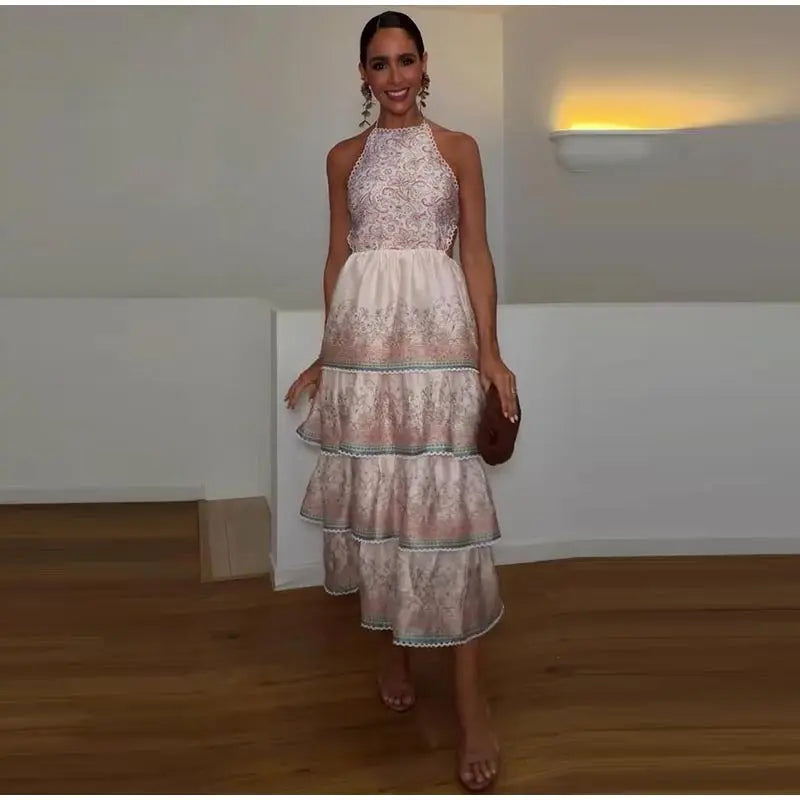 Floral Print Halter Neck Tiered Ruffle Dress Waist Cinched V Neck 2026 Summer Causal Women Vacation Irregular Layered Vestido