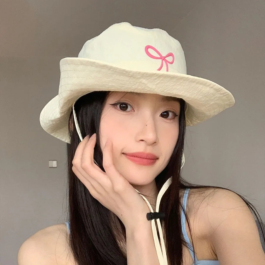 Korean Pink Bow Quick Dry Fisherman Hat Windproof Rope Women Outdoor Camping Mountaineering Hats Girl Summer Sunscreen Bowl Cap